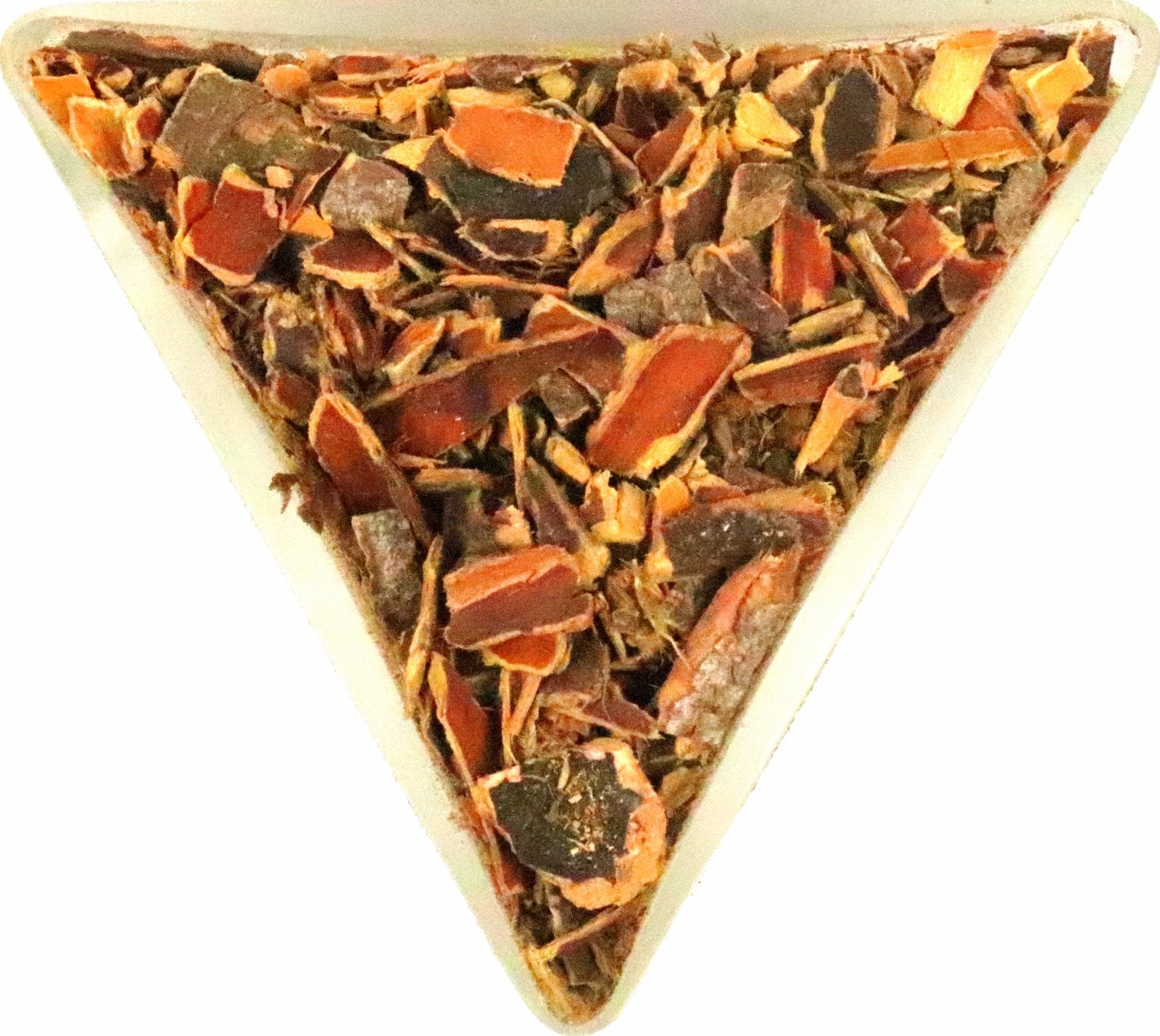 The image presents a top-down view of a triangular container filled with a colorful blend of dried herbal ingredients, evoking a cascara sagrada herbal preparation.