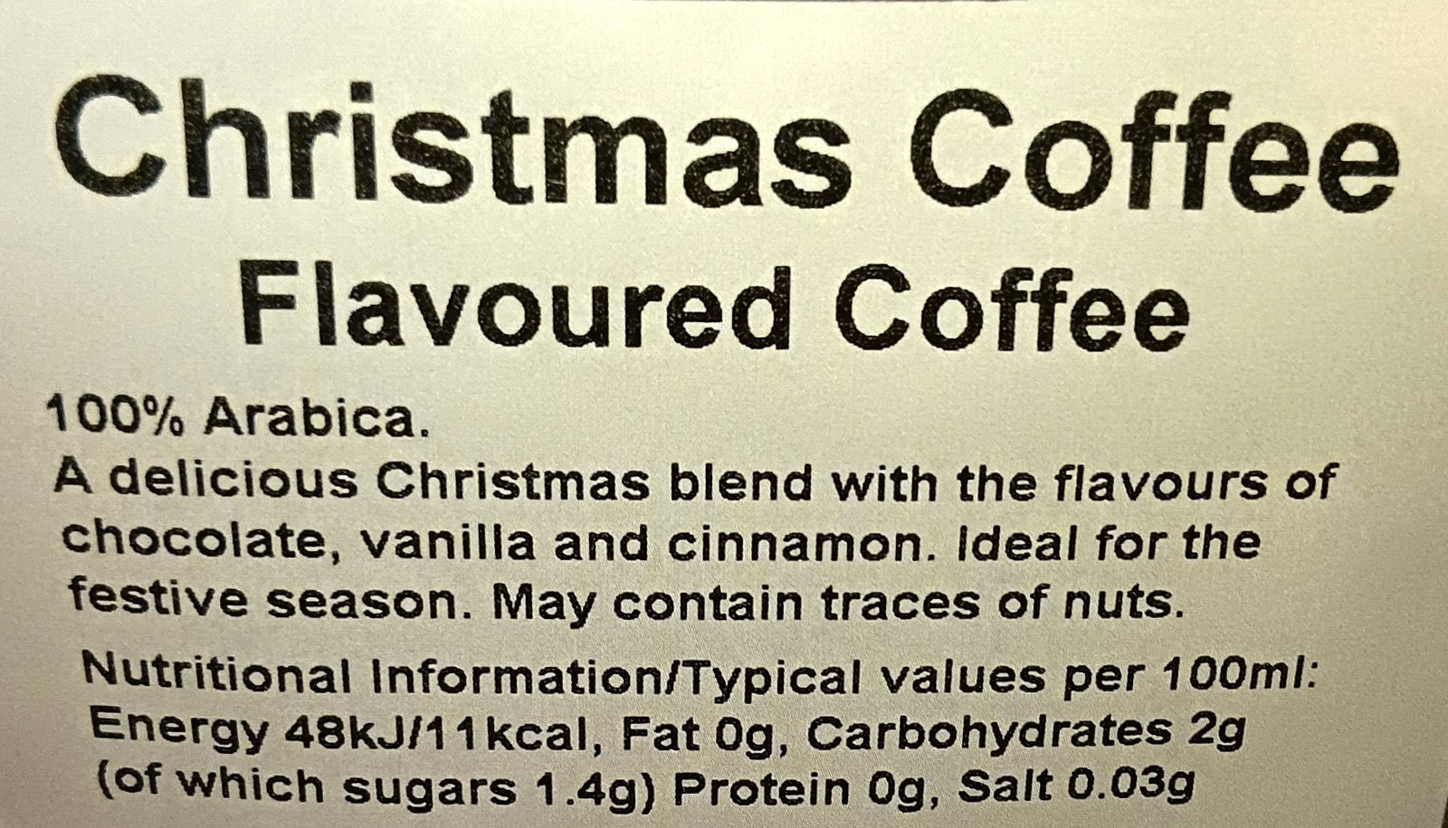 Christmas Chocolate Vanilla Cinnamon Flavoured Whole Coffee Beans Pure Arabica